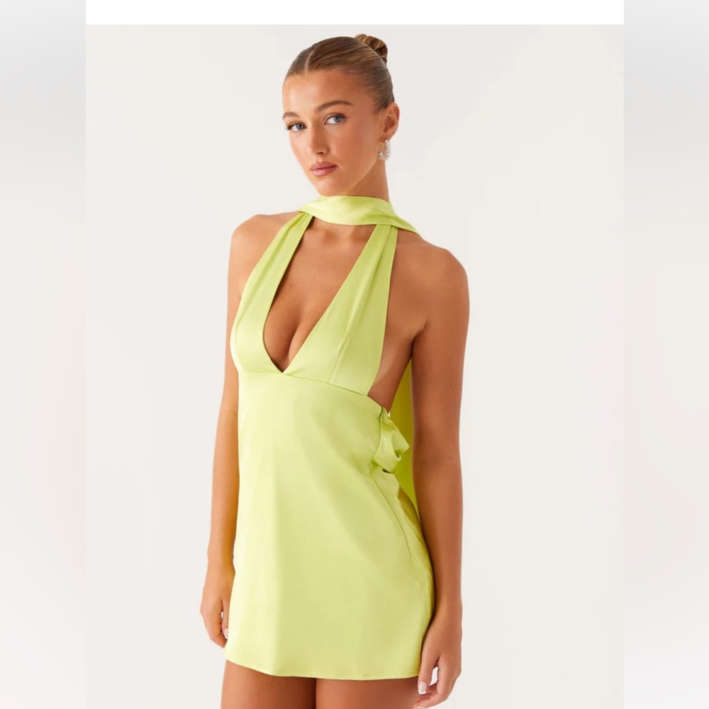 Peppermayo Elegant Lime Green Halter Satin Dress